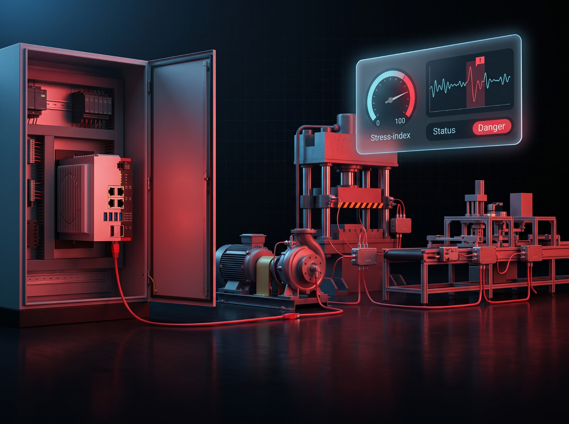 Wired condition monitoring line with a Stress-index gauge reading Danger